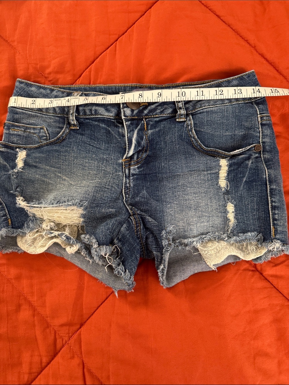 Boom Boom Jeans Distressed Blue Denim Shorts with Lace Underlay